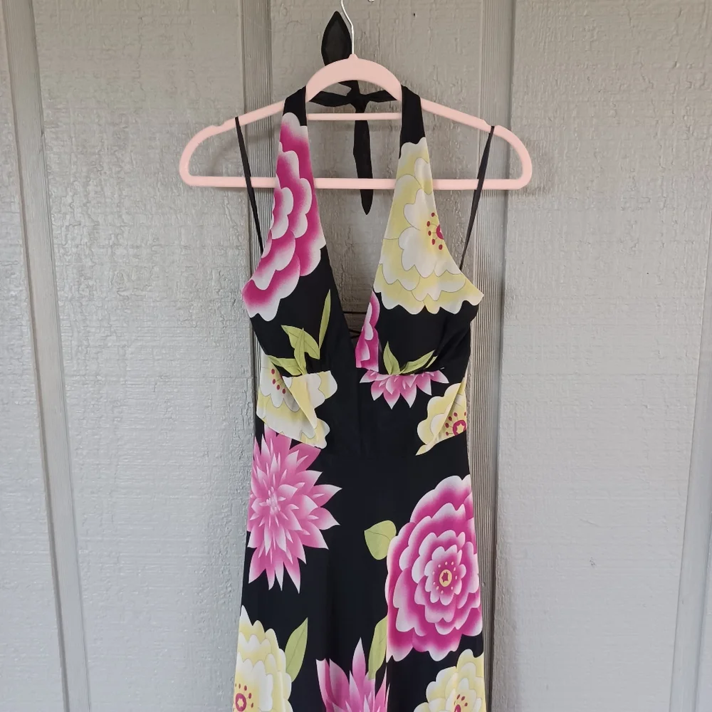 Cache Vintage Y2K Silk Floral Halter Dress Size 8 Women Lace Up Back Whimsical